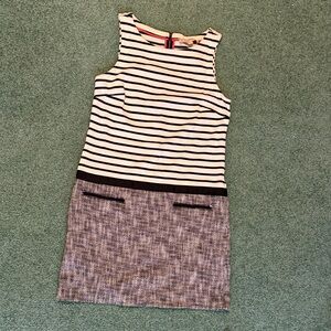 LOFT Black and White Striped Sheath Dress with Gray Tweed Skirt